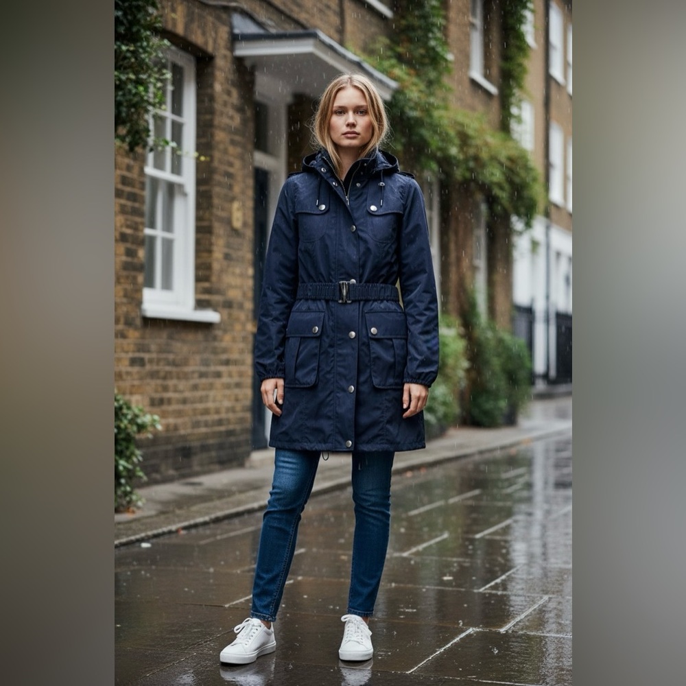 Burberry Brit Navy Blue Hooded Windbreaker Anorak Jacket Raincoat Size 12 US - Picture 2 of 13